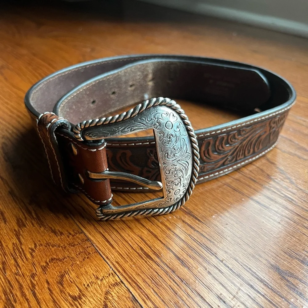 Leather Tooled Brown Western Belt with Decorative Silver Buckle